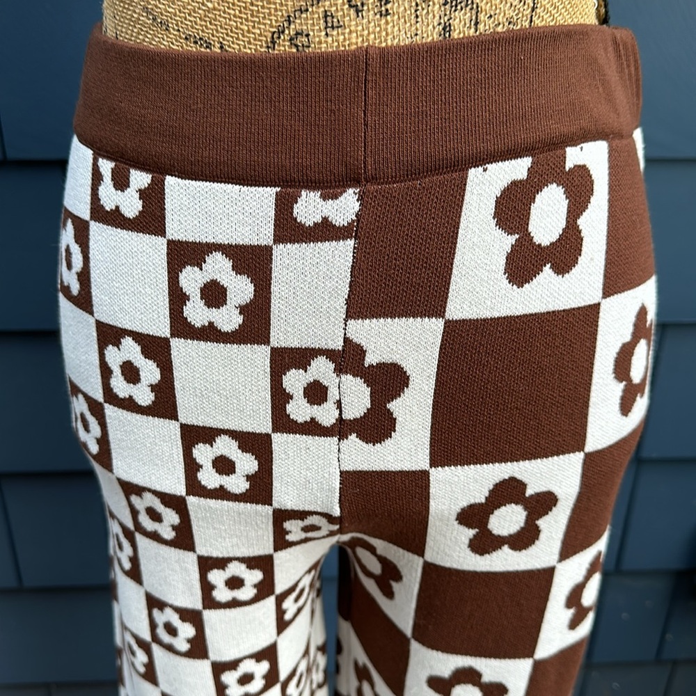 VGUC Brown/White Two-Toned Floral & Checkered Wide Leg Stretch Pants Women’s Lg - Picture 2 of 10
